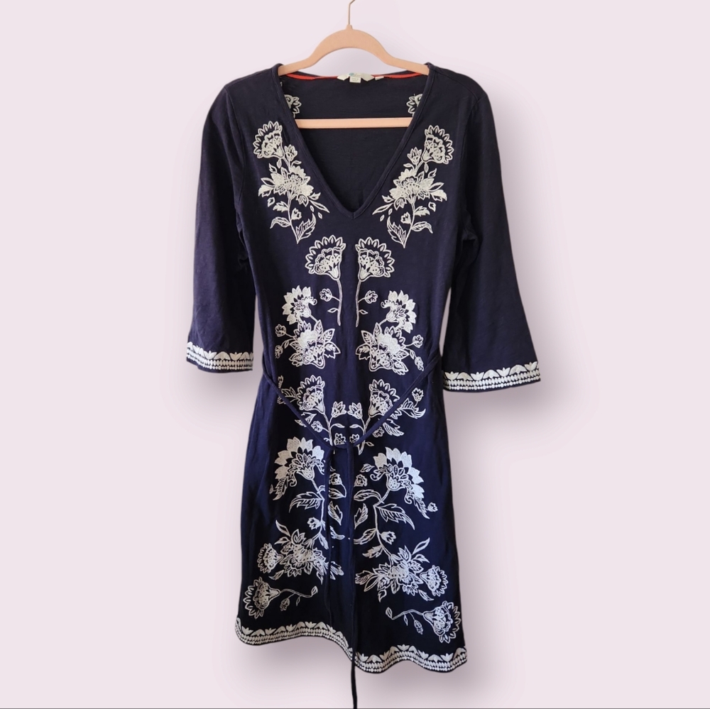 Boden Navy Dress with White Floral Embroidery